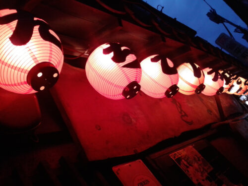 paper lanterns and red lights