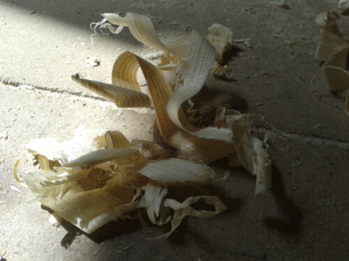 curled wood shavings on the floor, partly in sunlight, partly in shade